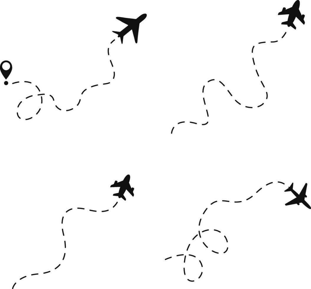 Flugzeug gepunktet Route Symbol Satz. isoliert auf Weiß Hintergrund. Vektor Illustration.