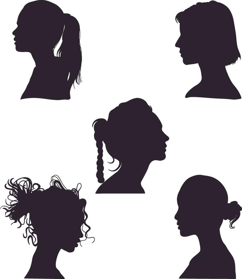 Frau Kopf Silhouette Satz. mit eben Design. isoliert schwarz Vektor Illustration.