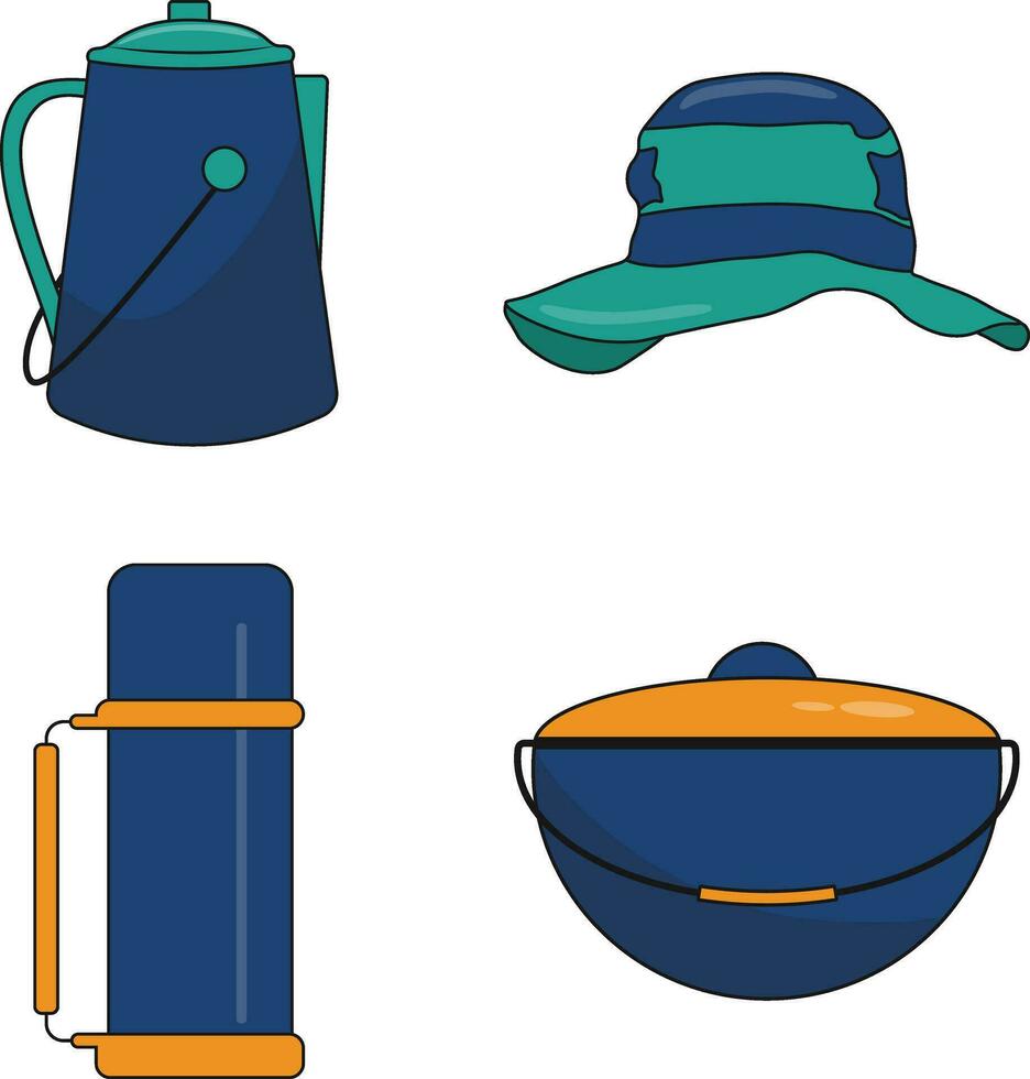 camping Utrustning ikon samling. tecknad serie design stil. vektor illustration.