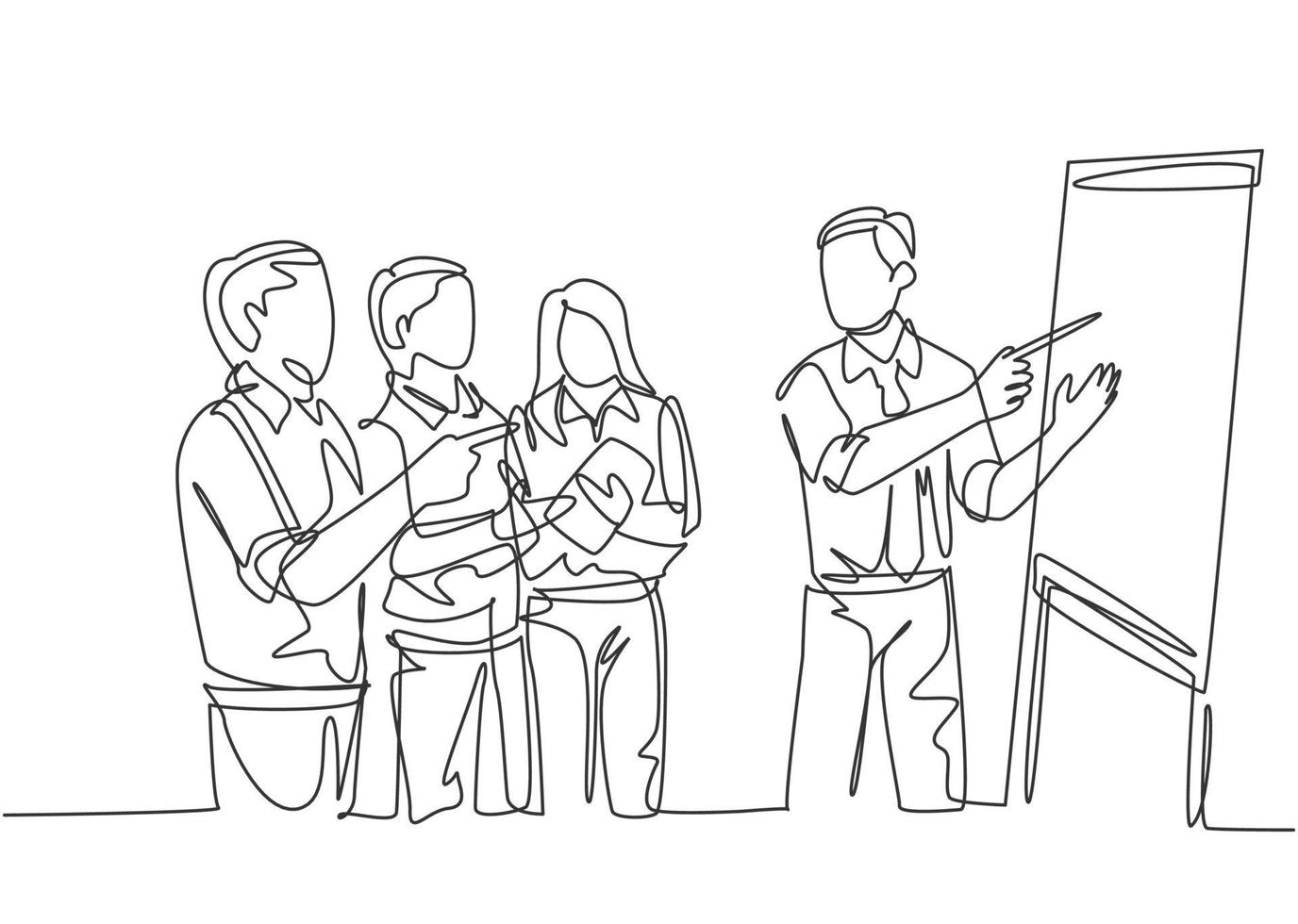 en enda radritning av ung glad chef som håller presentation om att öka produktförsäljningen till sitt team på kontoret. gruppmöte koncept kontinuerlig linje rita design vektor illustration