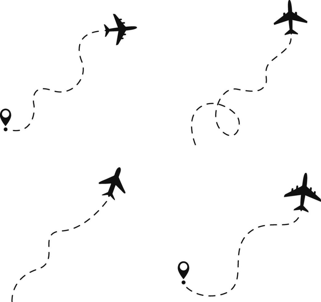 Flugzeug gepunktet Route Symbol Satz. isoliert auf Weiß Hintergrund. Vektor Illustration.