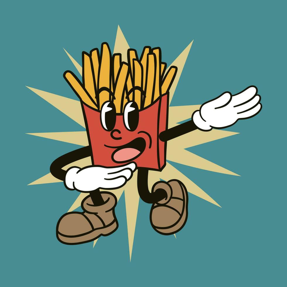 retro tecknad serie söt franska frites karaktär illustration vektor