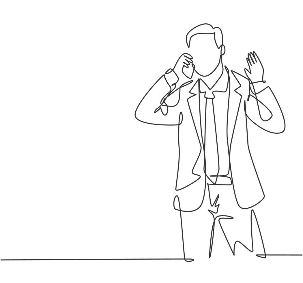 en kontinuerlig ritning av ung chef som ringer sin personal med hjälp av smartphone för att fråga färdigställande av företagets årsrapport. affärssamtal koncept. enkel linje rita design grafisk vektor illustration