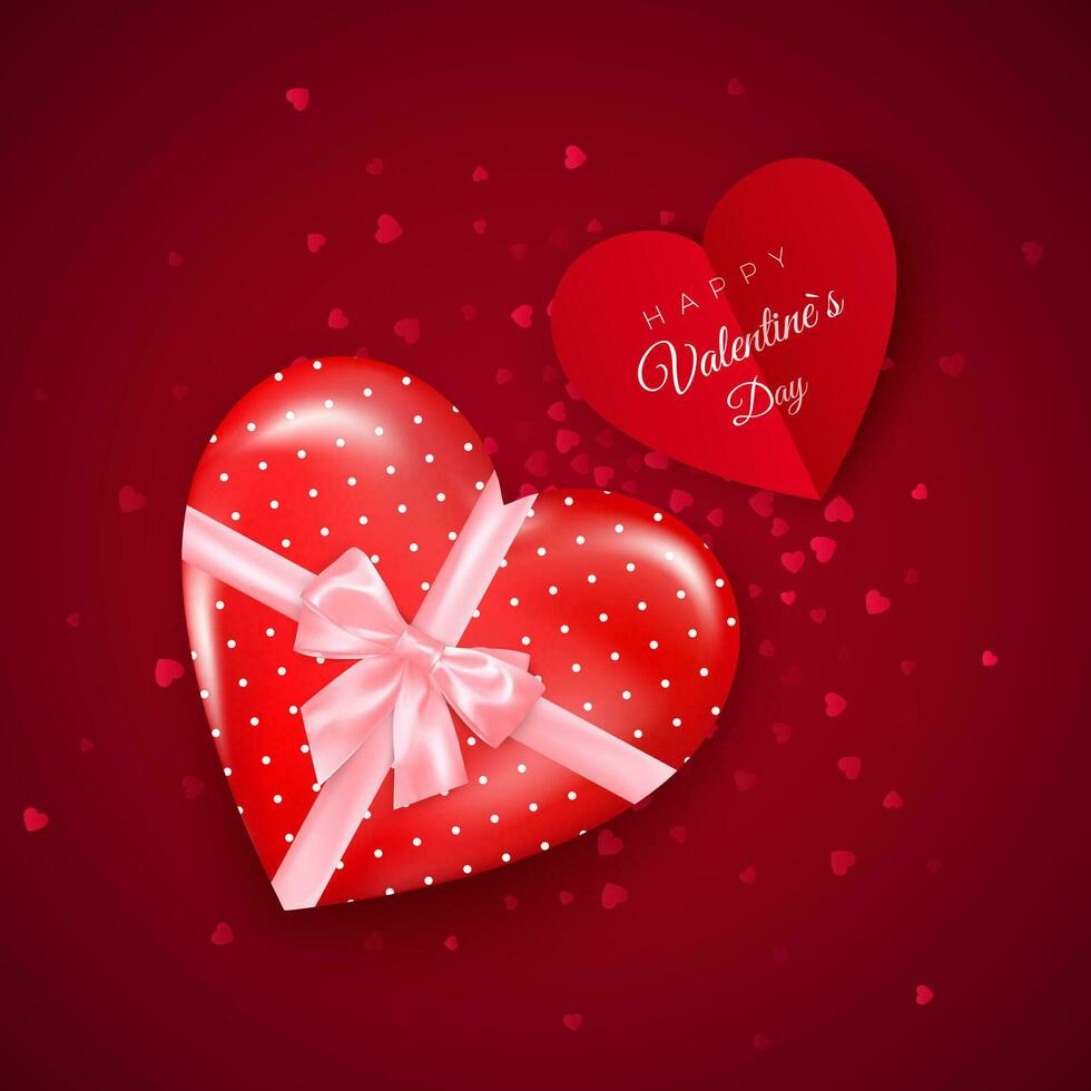 Geschenk im Herzen geformt Box mit Rosa Seide Bogen und Valentinsgrüße Gruß Karte. Geschenk zum Valentinstag Tag dekoriert Konfetti. Vektor