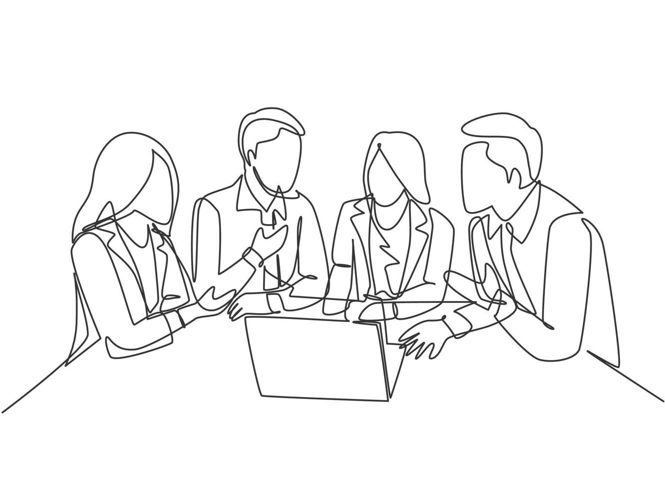 en kontinuerlig ritning av ung vd som presenterar företagets affärsmodell för kvinnliga teammedlemmar på kontoret. affärsmöte koncept. modern enkel linje rita design grafisk vektor illustration