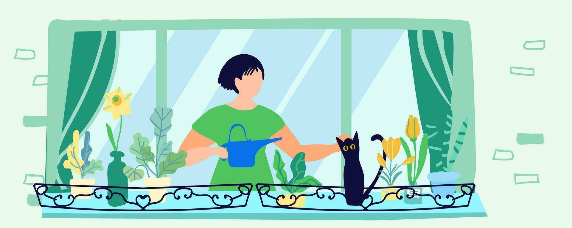 begrepp av harmoni och egenvård, flicka i de fönster från de gata sida, vektor illustration