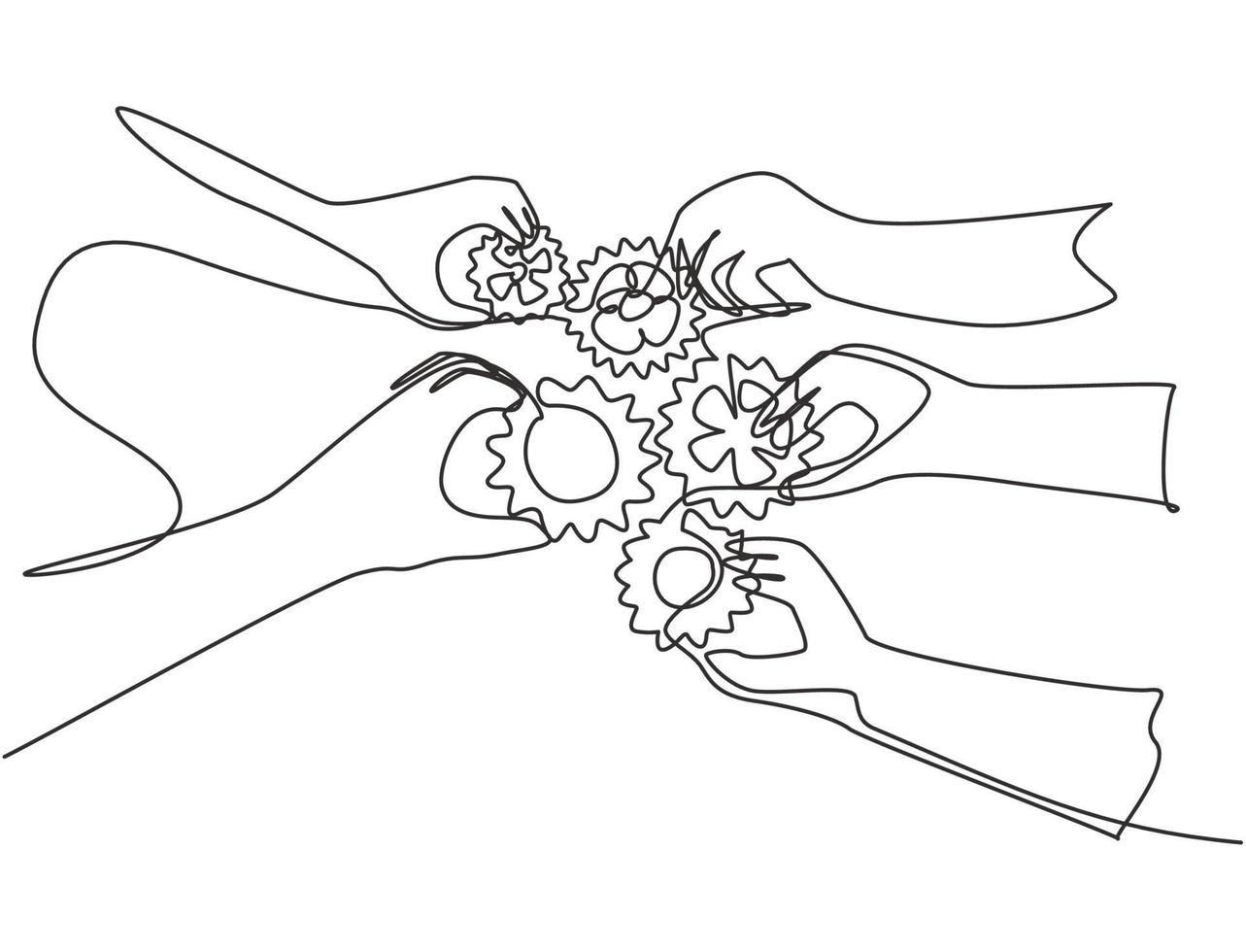 enda kontinuerlig linje ritning av hand gest affärsmedlemmar förenar bit redskap till en som lagarbete symbol. enhet arbetar tillsammans koncept en rad grafisk rita design vektor illustration