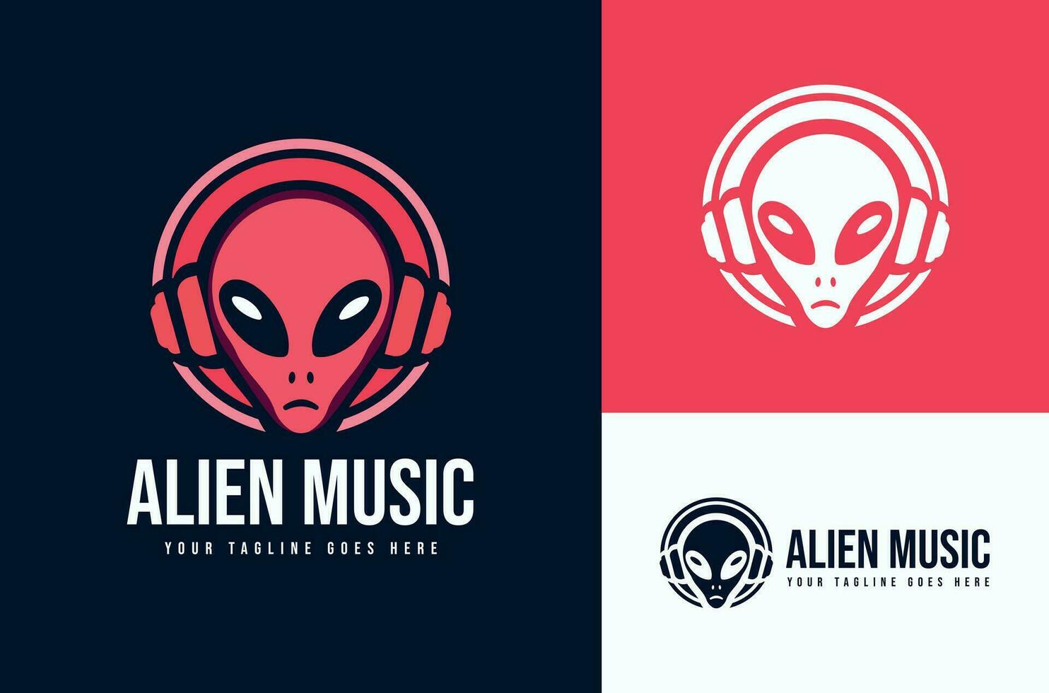 illustration av ett utomjording använder sig av hörlurar headsetet design inspelning musik studio med mörk, röd bakgrund vektor