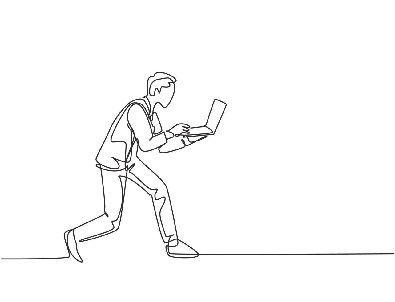 en kontinuerlig enkelradsteckning av ung rusa manlig arbetare som skriver på bärbar dator medan han springer springer till kontoret. deadline affärsidé koncept enkel rad rita design vektor grafisk illustration