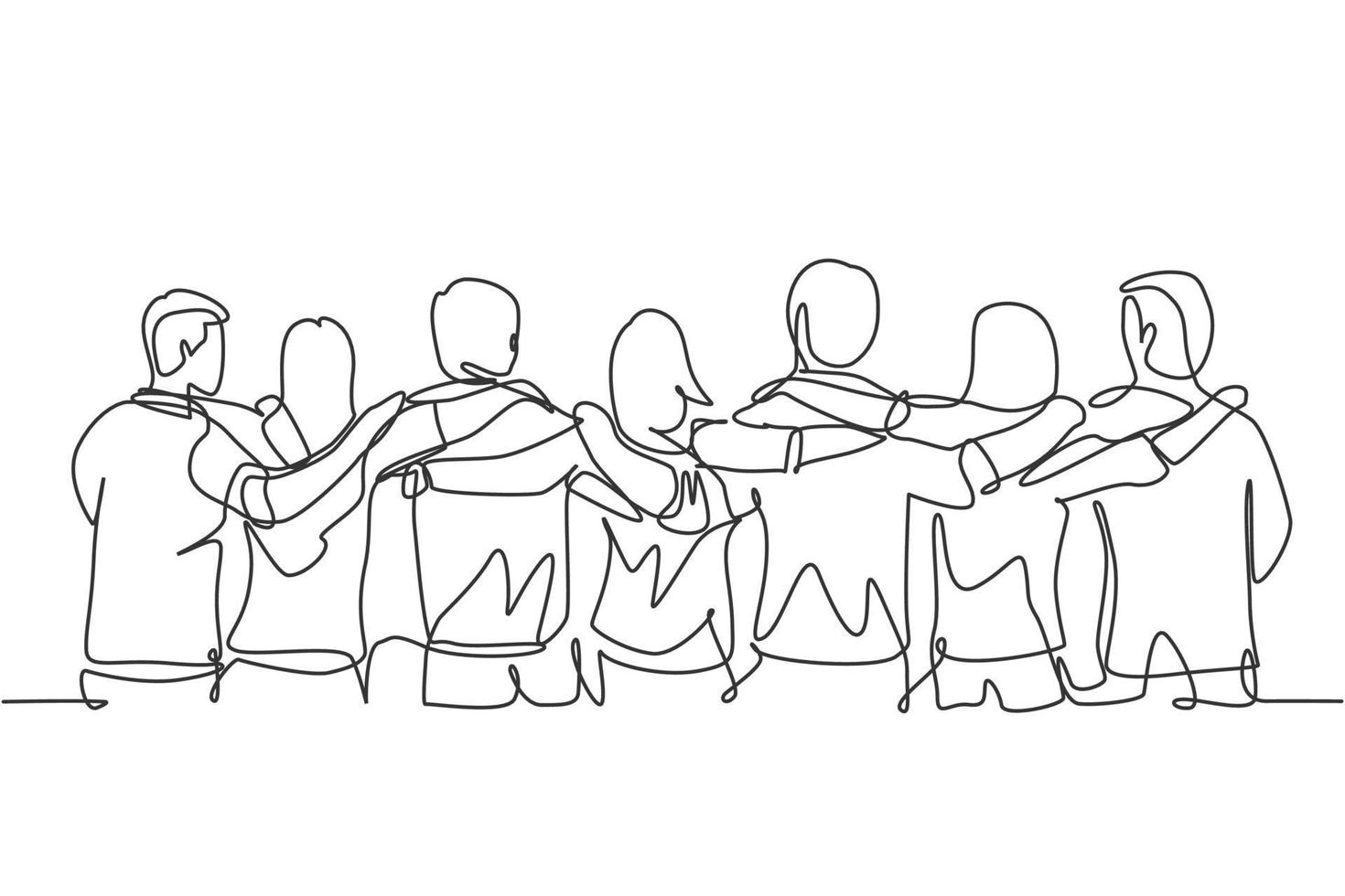 einzelne durchgehende Linienzeichnung über eine Gruppe von Männern und Frauen aus mehreren ethnischen Gruppen, die zusammenstehen, um ihre Freundschaftsbindung zu zeigen. Einheit im Diversity-Konzept eine Linie zeichnen Design-Vektor-Illustration vektor