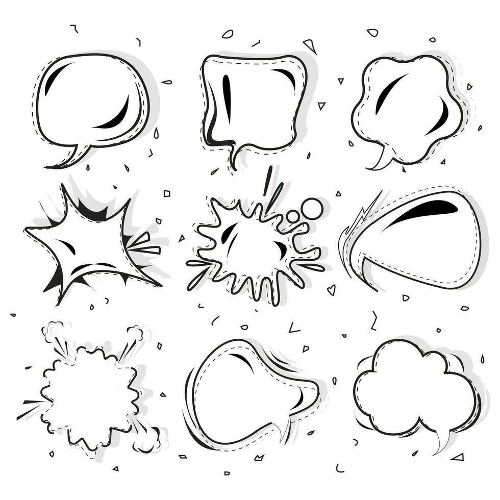 Karikatur Rede Blase schwarz Weiß Vektor Satz, Rede Blase einstellen im Pop Kunst Stil, komisch, Blase zum Diskussion und Kommunikation, Pop Kunst Nachricht, sich unterhalten und Tratsch, Illustration Wolke chatten
