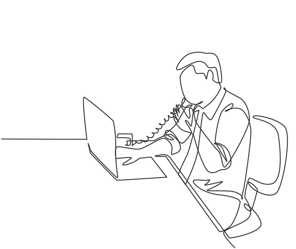 Eine durchgehende Strichzeichnung eines jungen Programmierers nimmt einen Anruf mit einem analogen Telefon entgegen, um seinen Freund im Büro um Programmiersprache zu bitten. Programmierkonzept Single Line Draw Design Vector Illustration