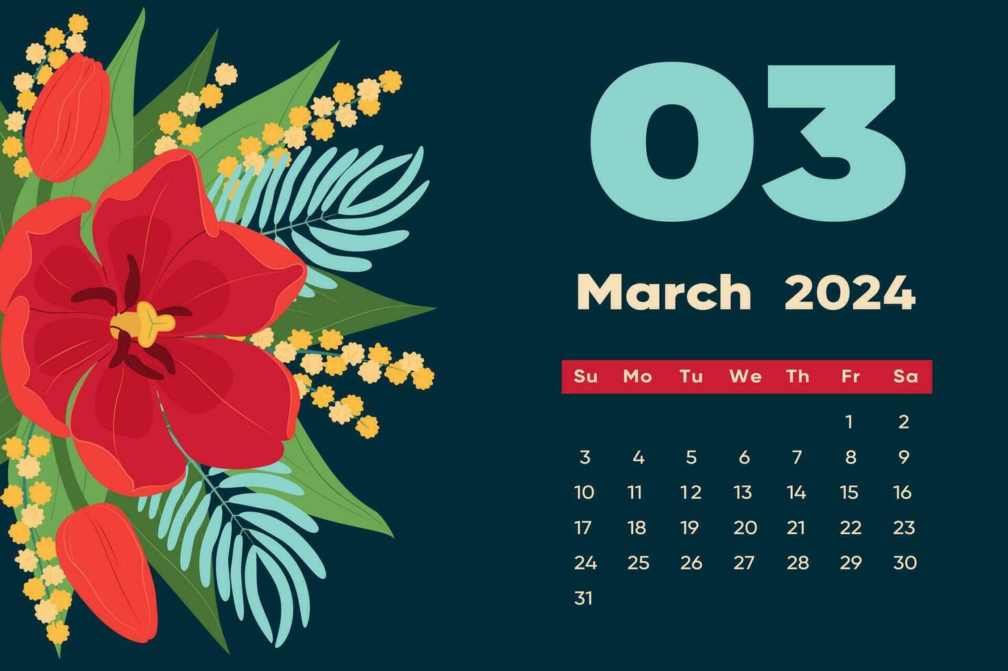 blommig Mars 2024 kalender mall. med ljus färgrik blommor och löv. vektor