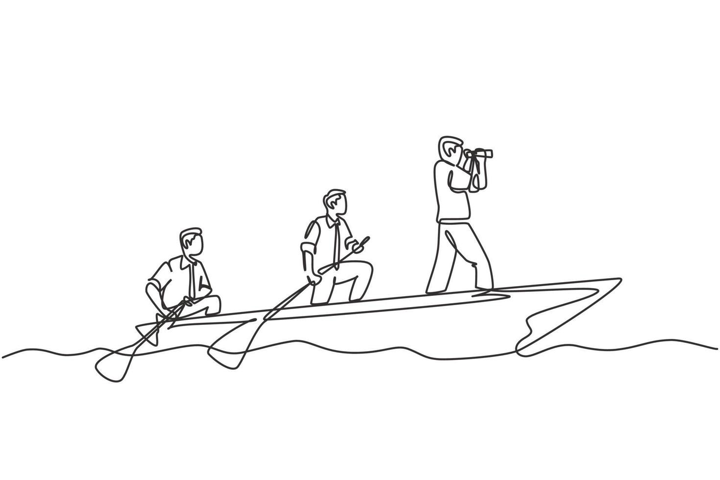 en enda linjeteckning av ung manlig lagmedlem tar en båt på väg till en ö medan ledaren navigerar dem med kikare. lagarbete koncept kontinuerlig linje rita design vektor illustration