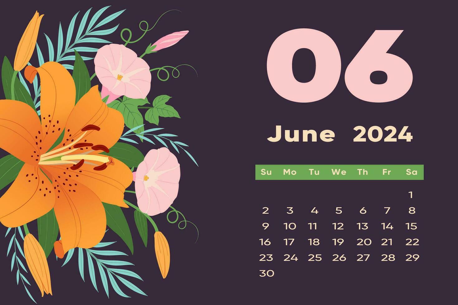 Blumen- Juni 2024 Kalender Vorlage. mit hell bunt Blumen und Blätter. vektor