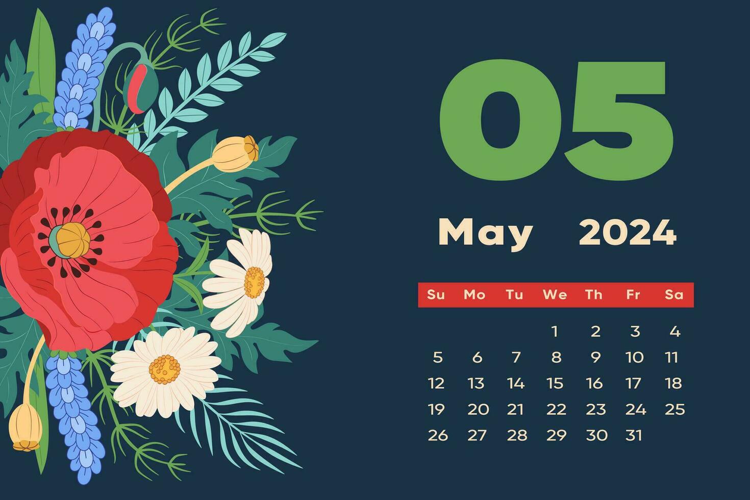 blommig Maj 2024 kalender mall. med ljus färgrik blommor och löv. vektor