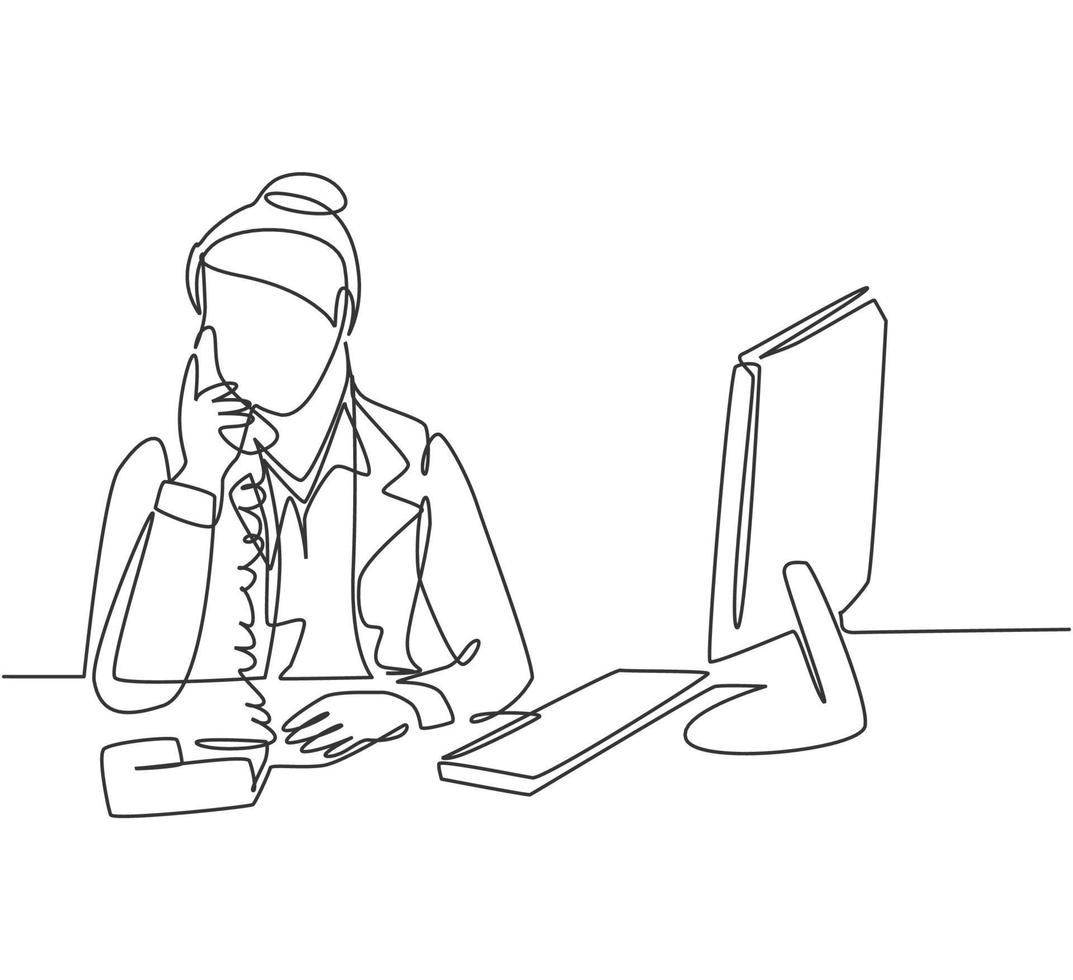 Eine durchgehende Strichzeichnung einer jungen Mitarbeiterin, die sich mit Ruhe und Entspannung von wütenden Kunden beschwert. Kundenservice ausgezeichnetes Konzept Single Line Draw Design Vector Illustration