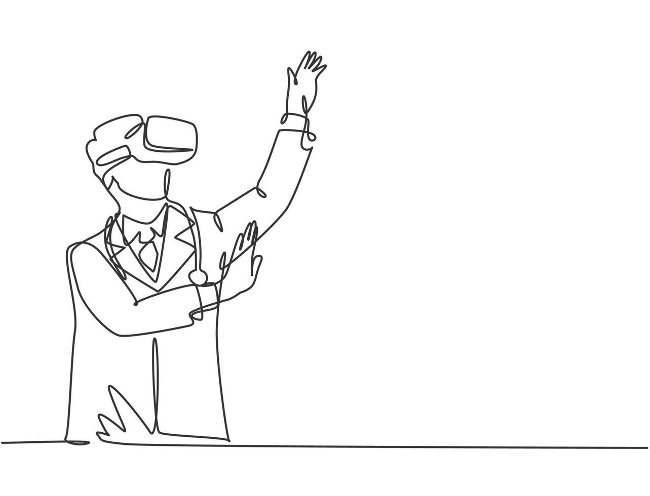 Eine durchgehende Strichzeichnung eines jungen Managers, der beim Spielen der Virtual-Reality-Simulation mit dem Finger auf den oberen Hügel zeigt. modernes futuristisches Videospielkonzept Single Line Draw Design Vector Illustration