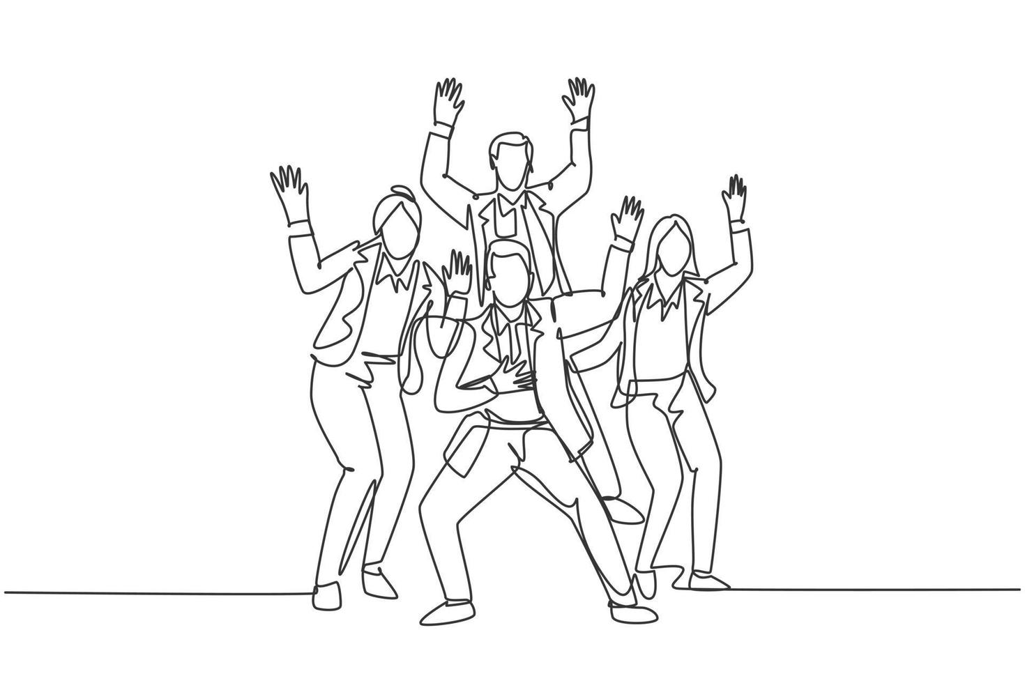 enda kontinuerlig linjeteckning av unga glada manliga och kvinnliga tränare som dansar av glädje vid seminarierummet tillsammans. företag lagarbete firande koncept en linje rita design vektor illustration