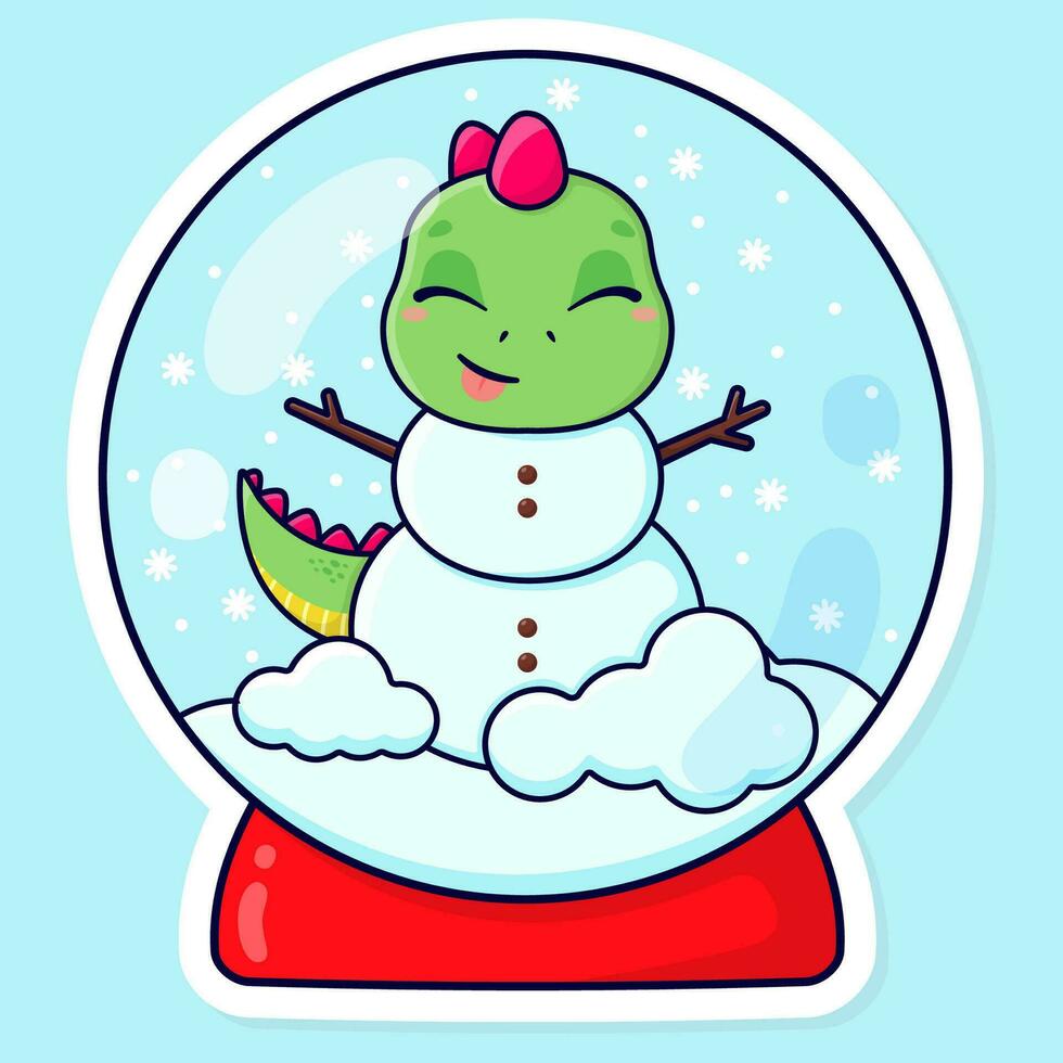 söt tecknad serie dinosaurie snögubbe. snö klot. jul klistermärke. barns vektor illustration