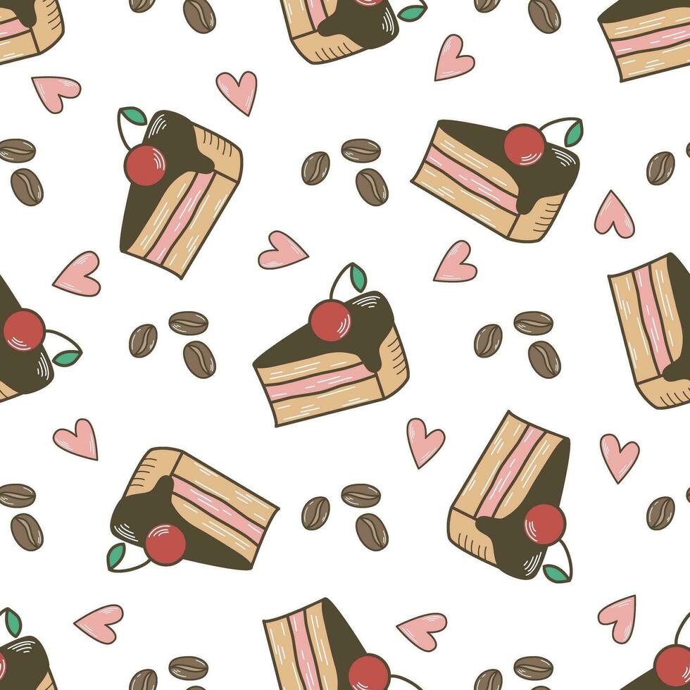 körsbär kaka och kaffe bönor sömlös mönster vektor