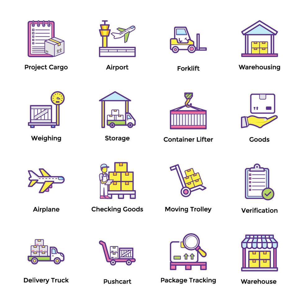 Pack von Logistik, Ladung und Warenhaus eben Symbole vektor