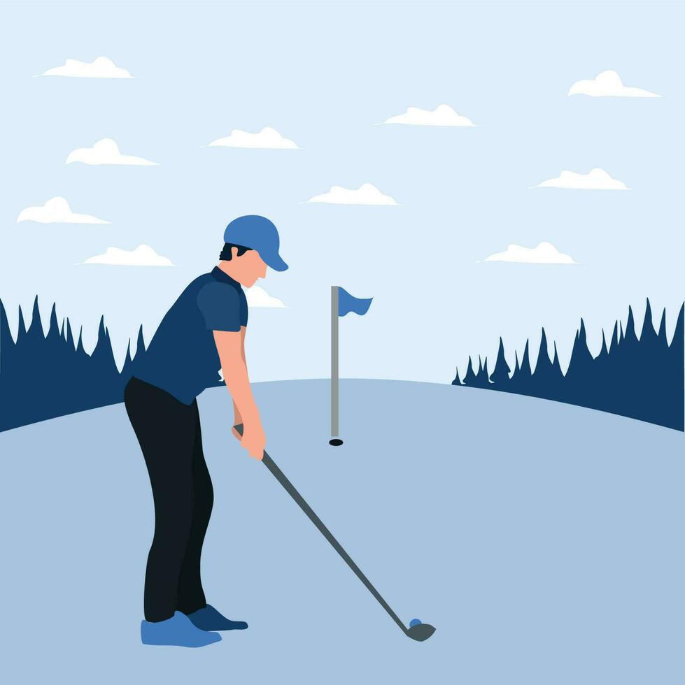 Vektor Illustration - - Mann Ausbildung Golf auf das sonnig Tag - - eben Karikatur Stil