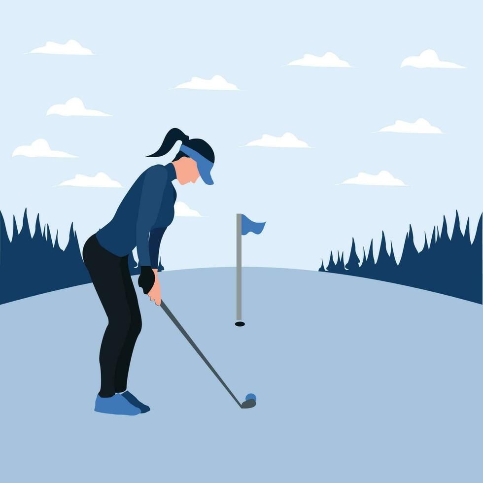 Vektor Illustration - - Frau Ausbildung Golf auf das sonnig Tag - - eben Karikatur Stil