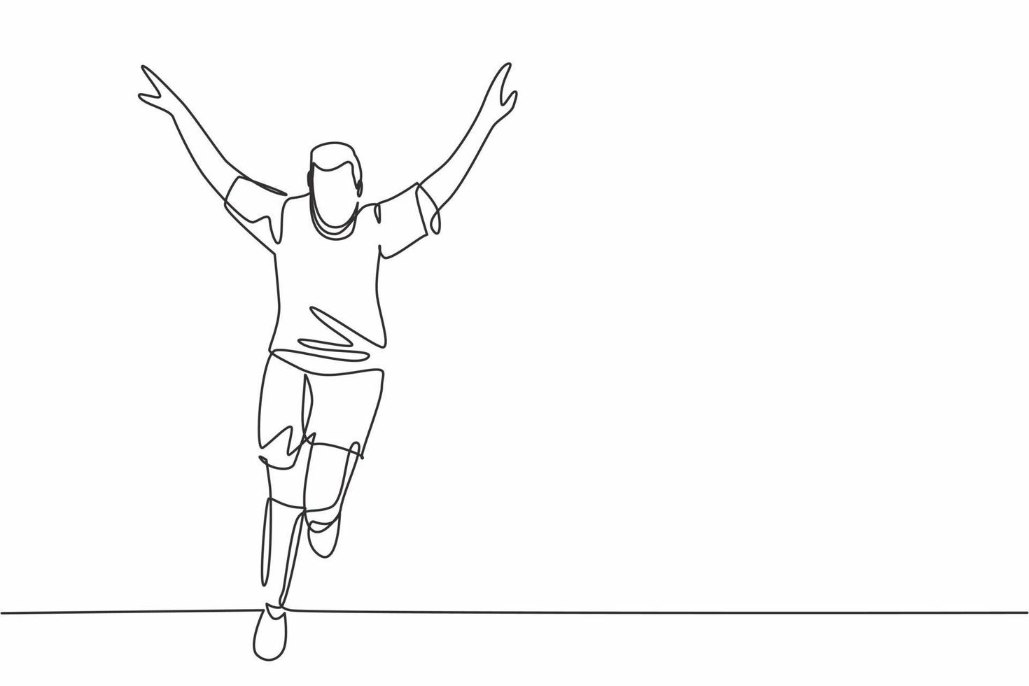 einzelne durchgehende Linienzeichnung eines jungen sportlichen Fußballspielers, der auf dem Feld herumläuft, während er seine Arme auf dem Feld ausbreitet. Match-Fußball-Tor-Feier-Konzept eine Linie zeichnen Design-Vektor-Illustration vektor