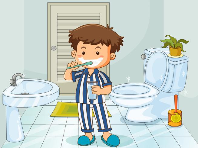 Liten pojke borsta tänderna på toaletten vektor