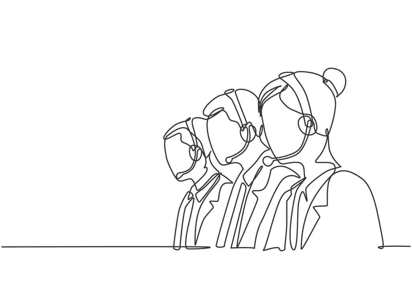 eine kontinuierliche Linie, die eine Gruppe von männlichen und weiblichen Telemarketing-Teammitgliedern zeichnet, die neue Kunden anruft, um ein neues Hausreinigungsprodukt anzubieten. Vertriebsmitarbeiter Konzept Single-Line-Draw-Design-Vektor-Illustration vektor