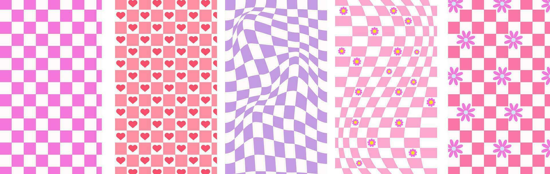 bakgrund checkerboard förvrängd i rosa Färg i y2k stil uppsättning vektor