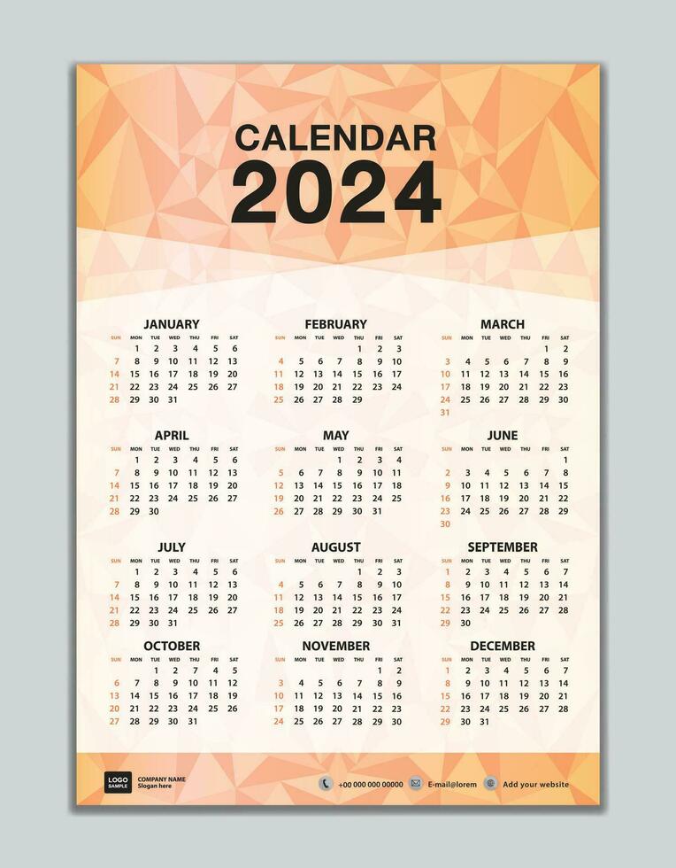 Mauer Kalender 2024 Vorlage auf Orange Polygon Hintergrund, Kalender 2024 Design, Schreibtisch Kalender 2024 Design, Woche Start Sonntag, Flyer, einstellen von 12 Monate, Veranstalter, Planer, Drucken Medien vektor