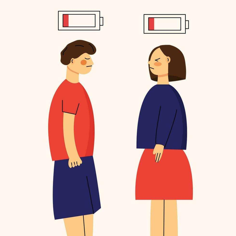 illustration av social och emotionell utbrändhet. man och kvinna trött och betonade platt design. vektor