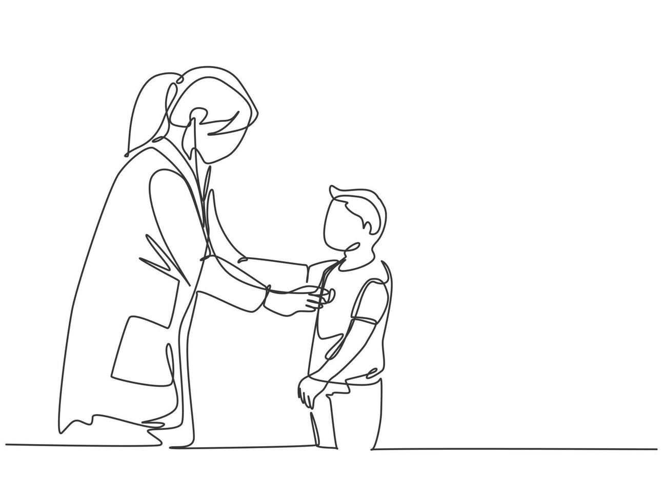 Eine einzige Strichzeichnung einer Kinderärztin, die den Herzschlag eines jungen Patienten mit einem Stethoskop untersucht. trendiges medizinisches behandlungskonzept kontinuierliche linie zeichnen design vektorillustration vektor