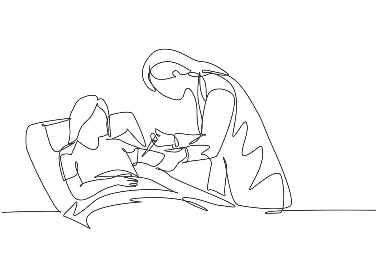 Eine durchgehende Strichzeichnung einer jungen Ärztin, die dem Patienten, der schwach im Bett liegt, eine Antibiotika-Injektion verabreicht. medizinisches Gesundheitswesen Konzept Single Line Draw Design Vector Illustration