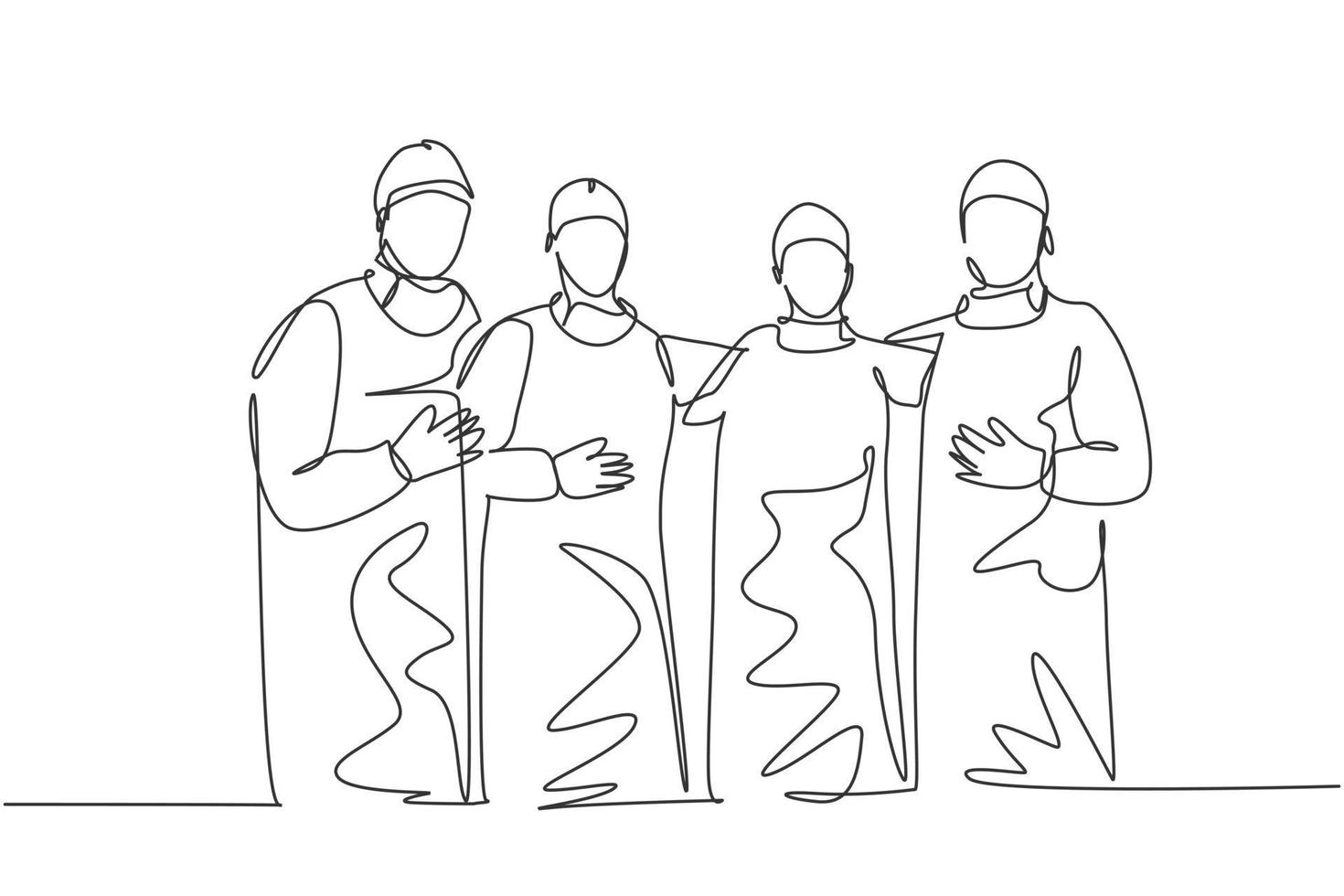 enda kontinuerlig enkel linje ritning grupp av kirurgläkare som står och poserar efter att ha opererat kirurgi på sjukhus. medicinsk vård behandling koncept en linje rita design vektor illustration