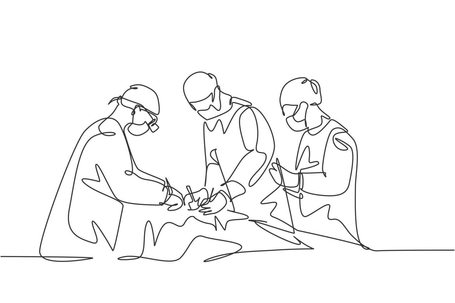 enda kontinuerlig enkel linje ritning grupp av team kirurg läkare gör kirurgi operation till patienten med kritiskt tillstånd. operationskirurgi koncept en linje rita design vektor illustration