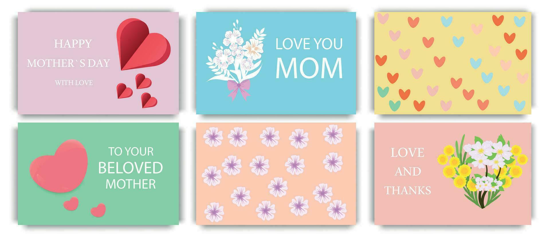 en uppsättning av mödrar dag hälsning kort med buketter av blommor och hjärtan på bakgrunder i säng färger. Semester begrepp. vektor illustration.