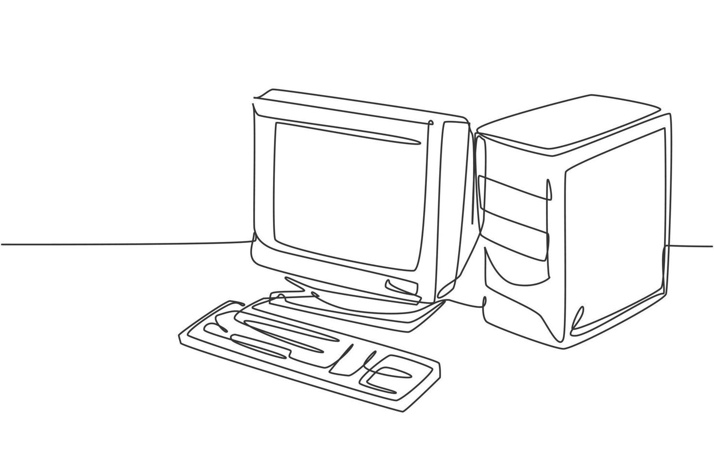einzelne durchgehende Strichzeichnung der Retro-alten klassischen PC-Prozessoreinheit. Vintage-CPU mit analogem Monitor und Tastatur-Element-Konzept eine Linie zeichnen Design-Vektor-Illustration-Grafik vektor
