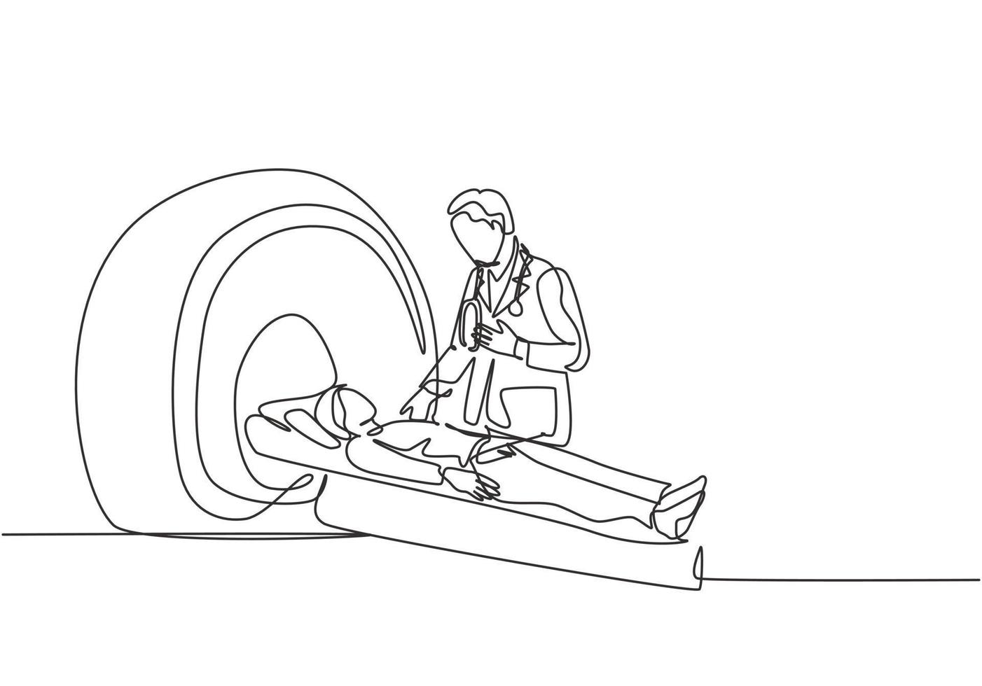 en kontinuerlig linjeteckning av ung manlig läkare gör mri -procedur för ct -skanning av manlig cancerpatient. medicinsk behandling service koncept enkel linje rita design vektor illustration