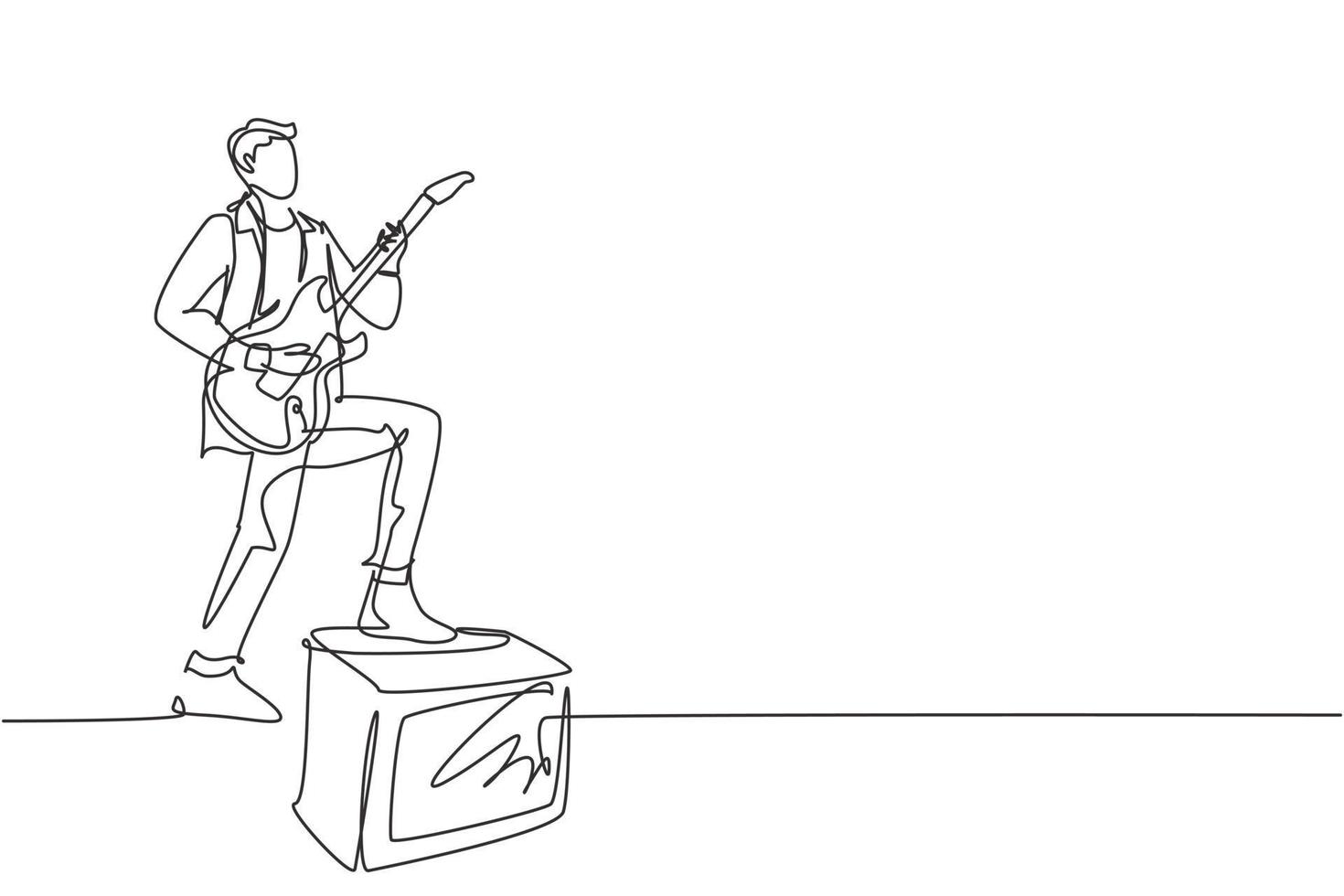 einzelne durchgehende Strichzeichnung eines jungen glücklichen männlichen Gitarristen, der E-Gitarre spielt, während er auf den Tonverstärker tritt. trendige Musiker-Künstler-Performance-Konzept eine Linie zeichnen Design-Vektor-Illustration vektor