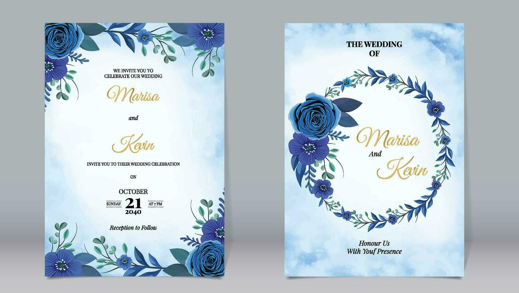 blå reste sig blomma bröllop inbjudan med vattenfärg bakgrund vektor