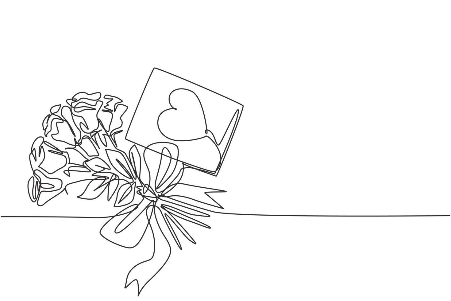 eine durchgehende strichzeichnung von frischer, schöner romantischer rosenblume mit liebesgrußkarte. moderne Einladung, Logo, Banner, Plakatkonzept Single-Line-Draw-Design-Vektorgrafik-Illustration vektor