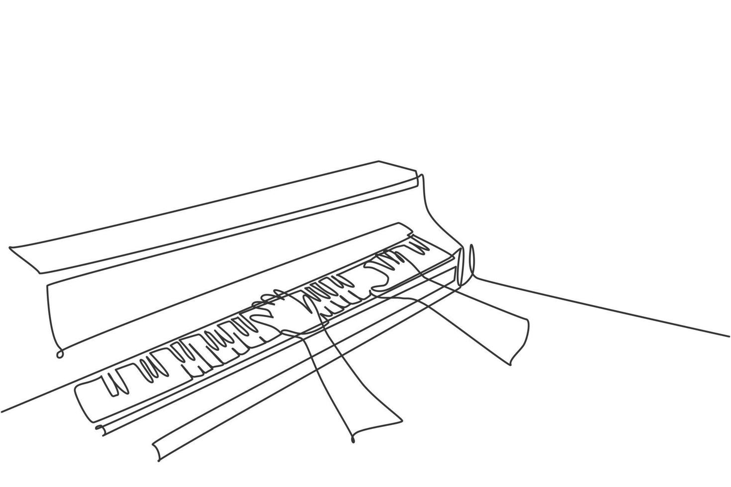 Eine durchgehende Strichzeichnung eines jungen, glücklichen männlichen Pianisten, der klassischen Flügel aus der Seitenansicht spielt. Musiker Künstler Performance Konzept Single Line Draw Design Vektorgrafik Illustration vektor