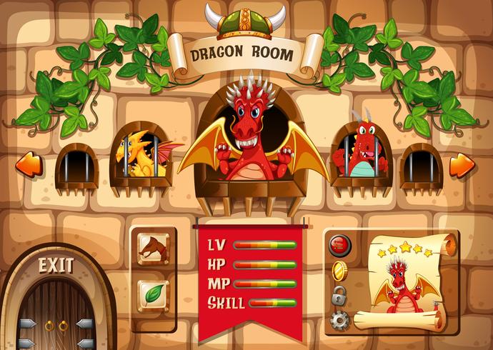 Spielschablone mit Drachen- und Schlosshintergrund vektor