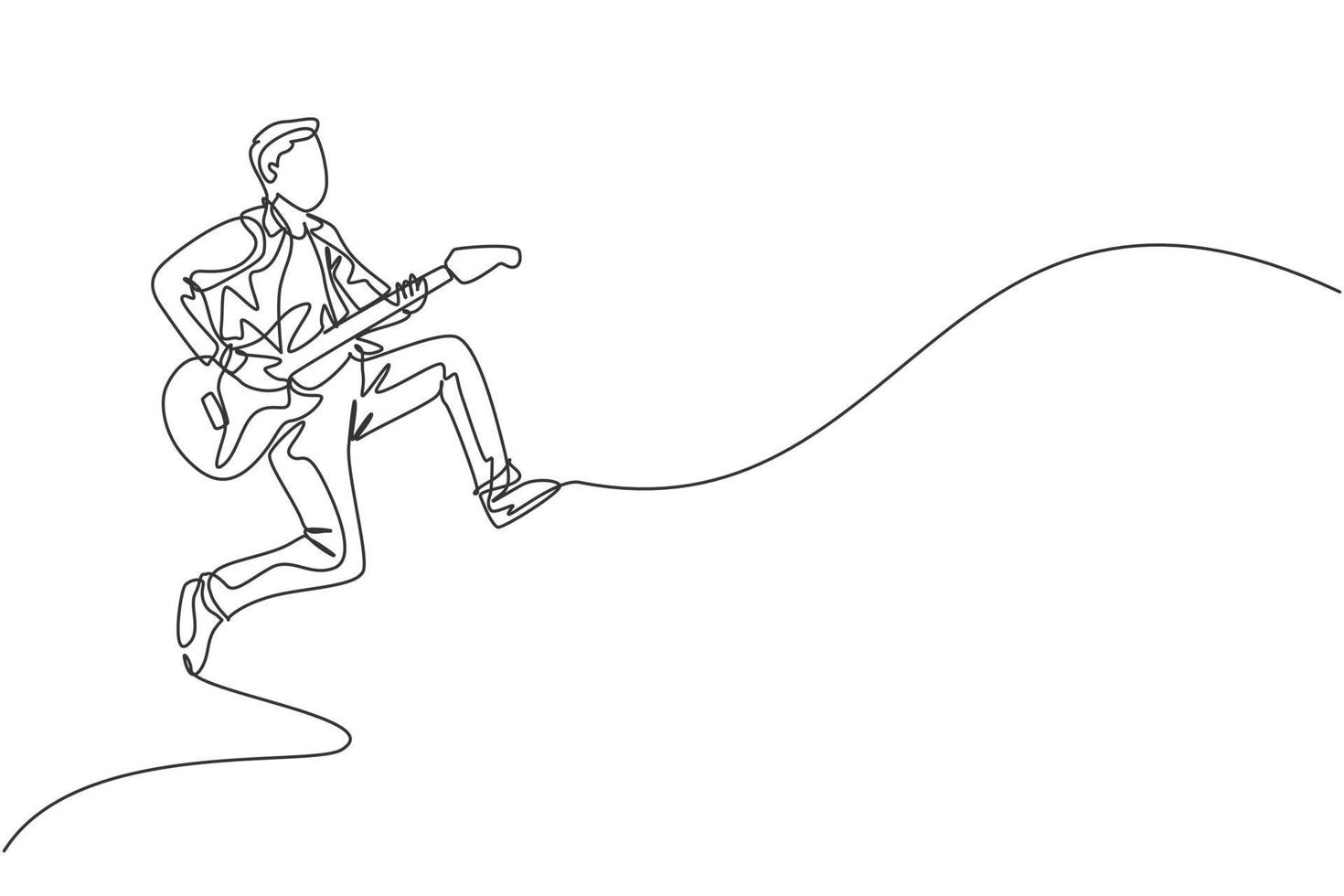 Eine durchgehende Strichzeichnung eines jungen glücklichen männlichen Gitarristen, der beim Spielen von E-Gitarre auf der Musikkonzertbühne springt. Musiker Künstler Performance Konzept Single Line Draw Design Vector Illustration