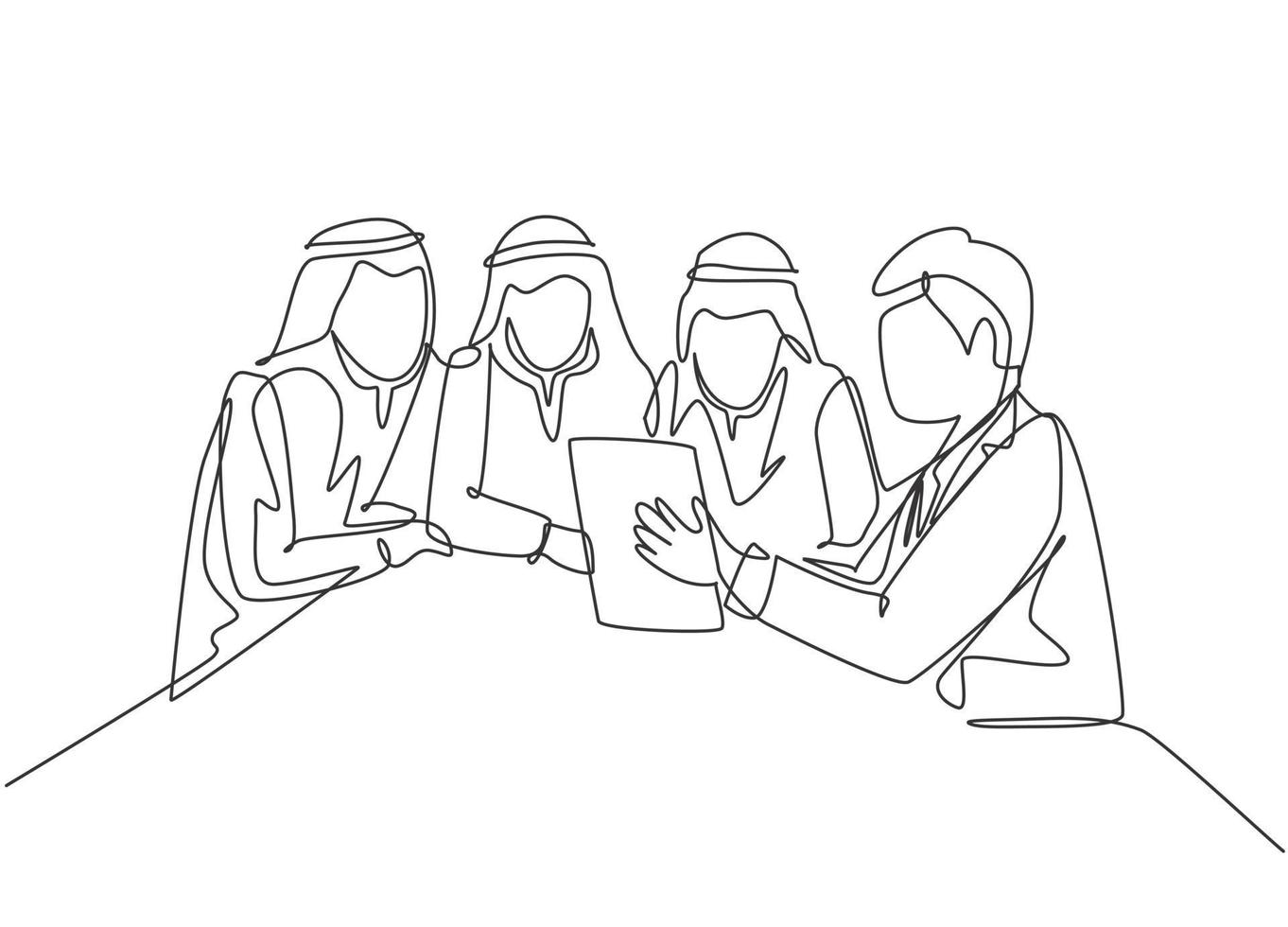 en enda radritning av ung glad muslimsk affärsman och kollegor som diskuterar affärer. saudiarabien tyg shmag, kandora, halsduk, thobe. kontinuerlig linje rita design vektor illustration