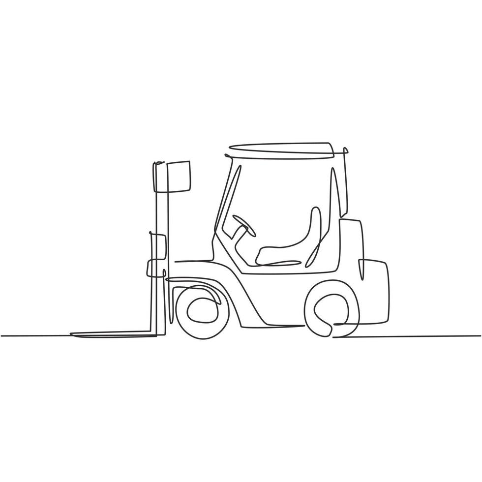 en kontinuerlig ritning av metallgaffeltruck för lyft av material på lager. tung last lastning lastutrustning koncept. dynamisk enkel linje rita design vektor grafisk illustration