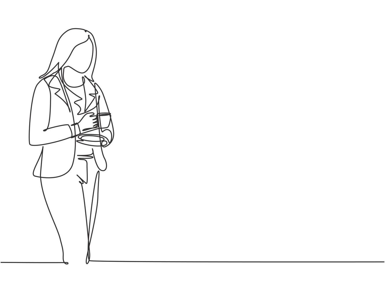 en enda radritning av ung affärskvinna som står och tänker efter affärsidéer medan han håller en kopp kaffedryck. dricka te koncept kontinuerlig linje rita vektor design grafisk illustration
